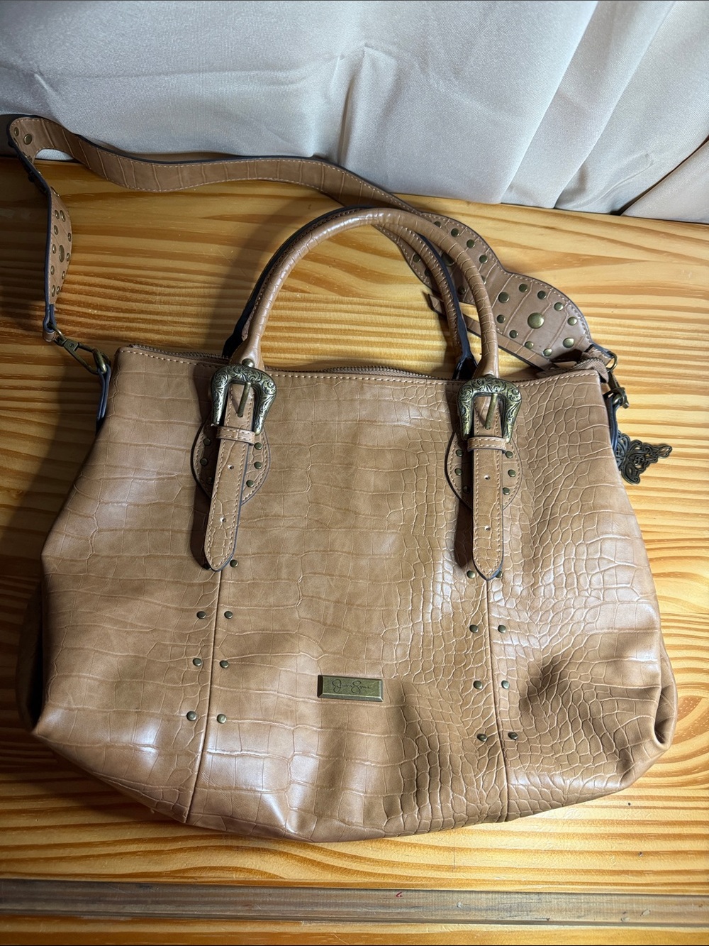 Jessica Simpson Daphne Studded Satchel – Tan Croc, Like New!